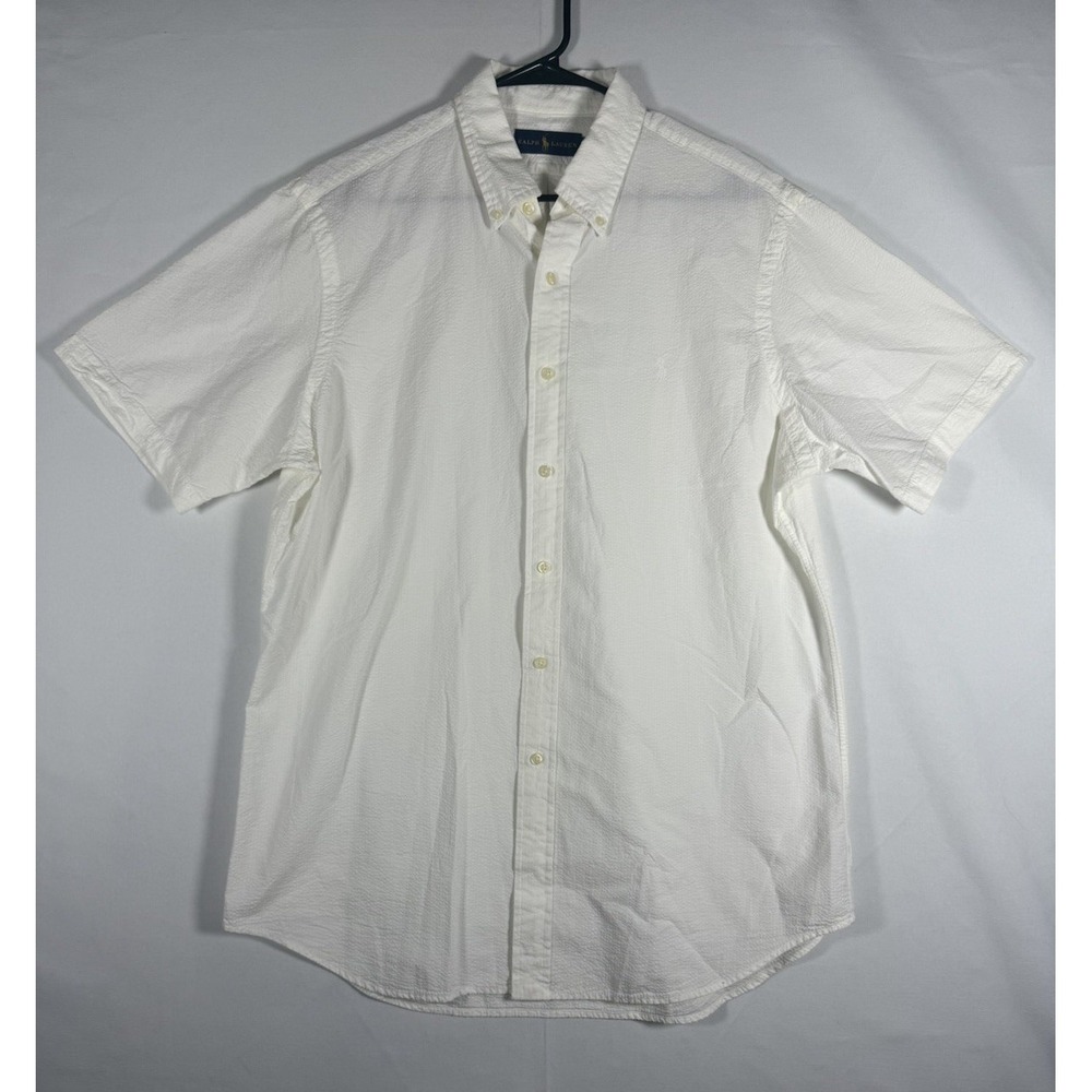 Polo Ralph Lauren Shirt Mens Large White Seersucker Button Up Logo Short Sleeve